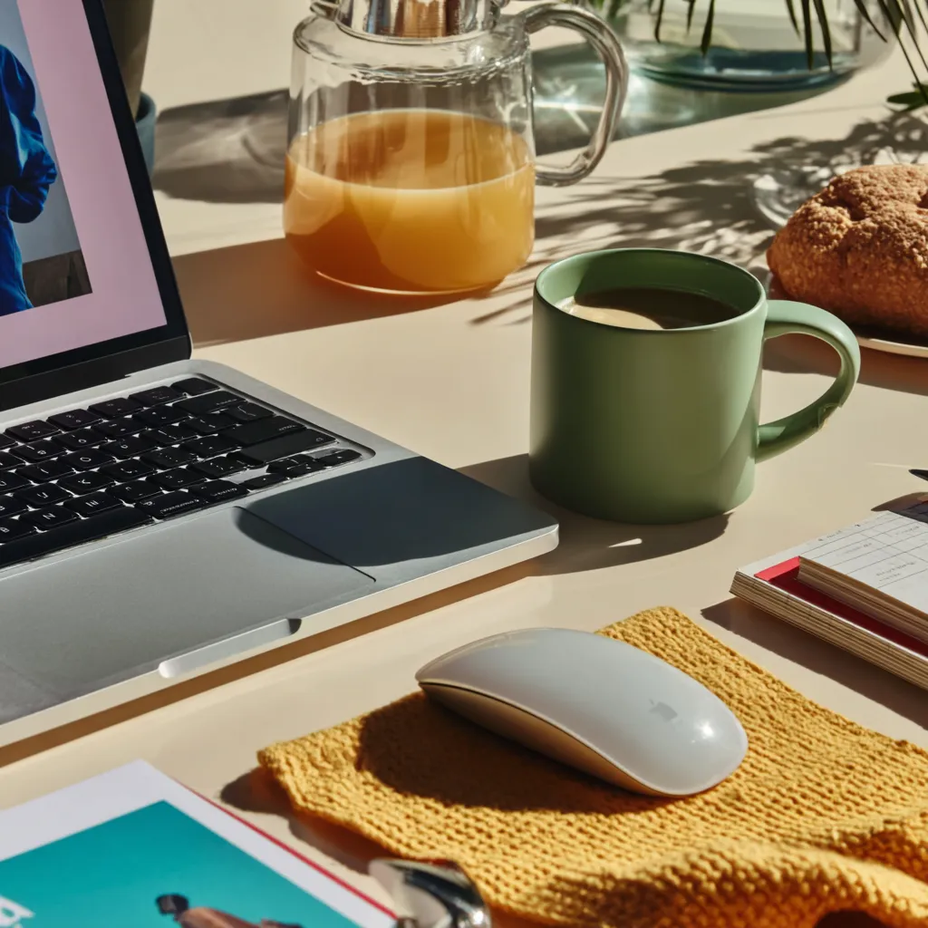 A laptop, coffee, and notes on a sunny desk